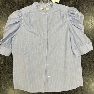 New Frame Blue and White Ruched Puff Sleeve Shirt - size L